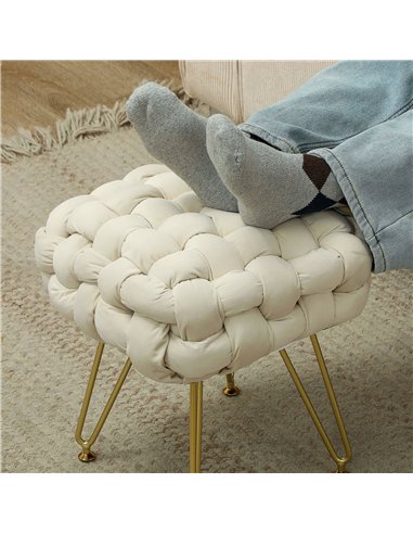HOMCOM Velvet-Feel Bold Woven Footstool - Cream White