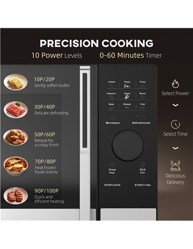 HOMCOM 23L 800W Microwave Oven, Digital Solo Microwave with 10 Power Levels, Automatic Defrost, 8 Auto Cook Menus, 60 Minutes Ti
