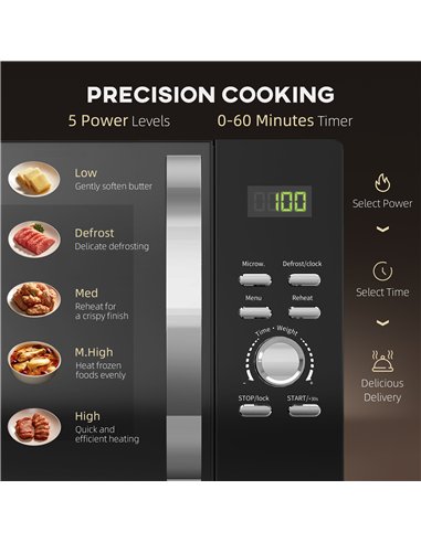 HOMCOM 23L 800W Microwave Oven, Digital Solo Microwave with 5 Power Levels, Automatic Defrost, 8 Auto Cook Menus, 60 Minutes Tim