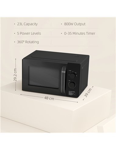 HOMCOM 23L 800W Microwave Oven, Solo Manual Microwave with 5 Power Levels, Defrost, 35 Minutes Timer, Clock, Easy Clean, Small B