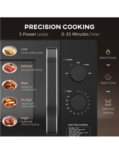 HOMCOM 23L 800W Microwave Oven, Solo Manual Microwave with 5 Power Levels, Defrost, 35 Minutes Timer, Clock, Easy Clean, Small B