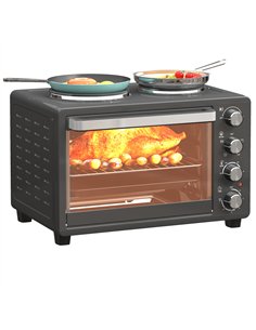HOMCOM 28L Mini Oven with 2 Hot Plates, Countertop Toaster Oven, Grill, Roast, Bake, Boil, with Timer, Adjustable Temperature, E