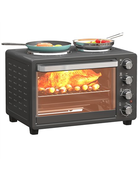HOMCOM 28L Mini Oven with 2 Hot Plates, Countertop Toaster Oven, Grill, Roast, Bake, Boil, with Timer, Adjustable Temperature, E - pic 131871 | FastDaddyshop