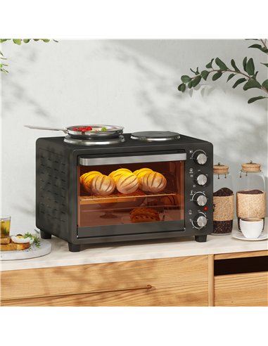 HOMCOM 28L Mini Oven with 2 Hot Plates, Countertop Toaster Oven, Grill, Roast, Bake, Boil, with Timer, Adjustable Temperature, E