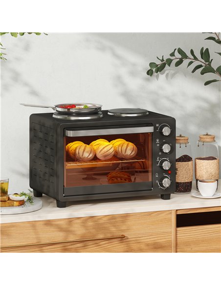 HOMCOM 28L Mini Oven with 2 Hot Plates, Countertop Toaster Oven, Grill, Roast, Bake, Boil, with Timer, Adjustable Temperature, E - pic 131872 | FastDaddyshop