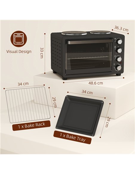 HOMCOM 28L Mini Oven with 2 Hot Plates, Countertop Toaster Oven, Grill, Roast, Bake, Boil, with Timer, Adjustable Temperature, E - pic 131873 | FastDaddyshop