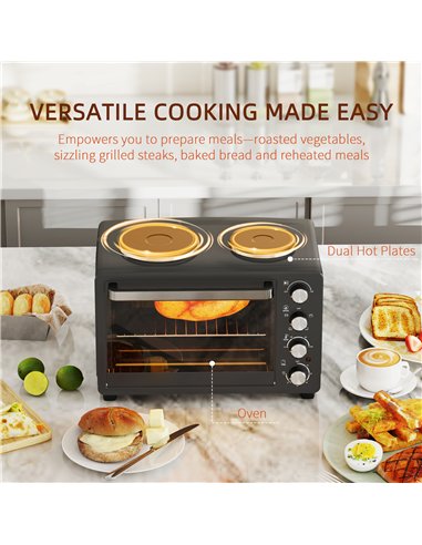 HOMCOM 28L Mini Oven with 2 Hot Plates, Countertop Toaster Oven, Grill, Roast, Bake, Boil, with Timer, Adjustable Temperature, E