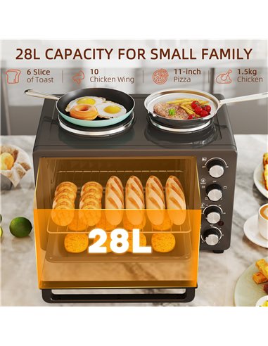 HOMCOM 28L Mini Oven with 2 Hot Plates, Countertop Toaster Oven, Grill, Roast, Bake, Boil, with Timer, Adjustable Temperature, E