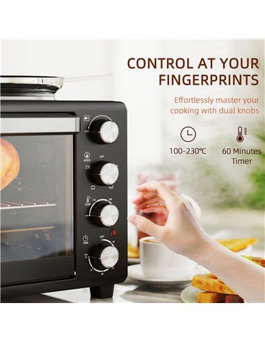 HOMCOM 28L Mini Oven with 2 Hot Plates, Countertop Toaster Oven, Grill, Roast, Bake, Boil, with Timer, Adjustable Temperature, E