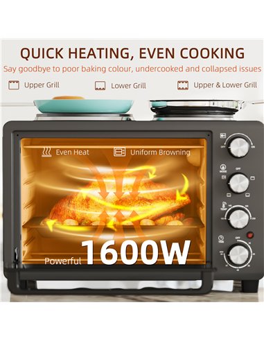 HOMCOM 28L Mini Oven with 2 Hot Plates, Countertop Toaster Oven, Grill, Roast, Bake, Boil, with Timer, Adjustable Temperature, E