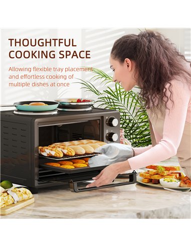 HOMCOM 28L Mini Oven with 2 Hot Plates, Countertop Toaster Oven, Grill, Roast, Bake, Boil, with Timer, Adjustable Temperature, E
