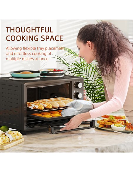 HOMCOM 28L Mini Oven with 2 Hot Plates, Countertop Toaster Oven, Grill, Roast, Bake, Boil, with Timer, Adjustable Temperature, E - pic 131878 | FastDaddyshop