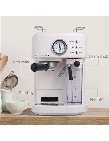 HOMCOM 5Pc Coffee Machine, Espresso & Cappuccino & Latte Maker with Milk Frothing Steamer, 1.5L Removable Water Tank, 2 Cups, 12