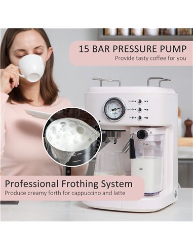 HOMCOM 5Pc Coffee Machine, Espresso & Cappuccino & Latte Maker with Milk Frothing Steamer, 1.5L Removable Water Tank, 2 Cups, 12