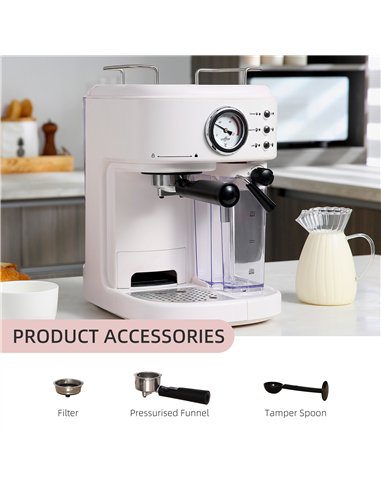 HOMCOM 5Pc Coffee Machine, Espresso & Cappuccino & Latte Maker with Milk Frothing Steamer, 1.5L Removable Water Tank, 2 Cups, 12
