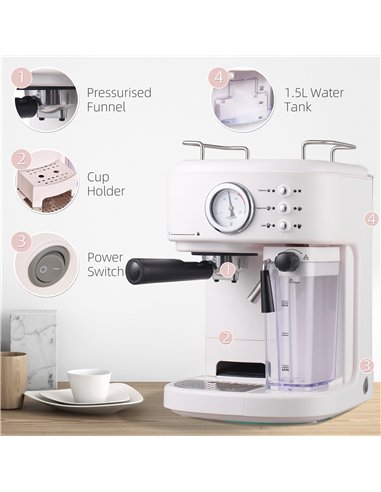 HOMCOM 5Pc Coffee Machine, Espresso & Cappuccino & Latte Maker with Milk Frothing Steamer, 1.5L Removable Water Tank, 2 Cups, 12