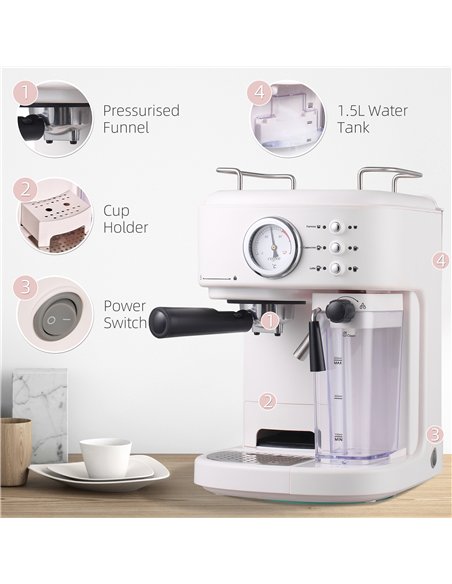 HOMCOM 5Pc Coffee Machine, Espresso & Cappuccino & Latte Maker with Milk Frothing Steamer, 1.5L Removable Water Tank, 2 Cups, 12 - pic 131887 | FastDaddyshop