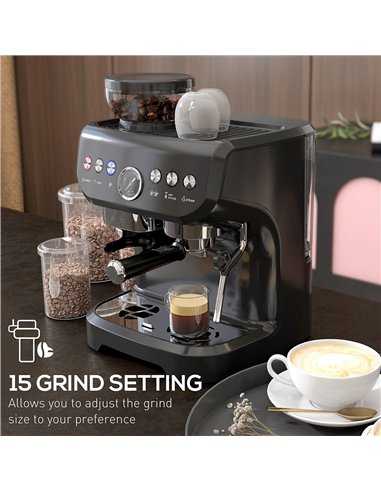HOMCOM 15 Bar Coffee Machine, with Adjustable Grind, Steamer and Accessories