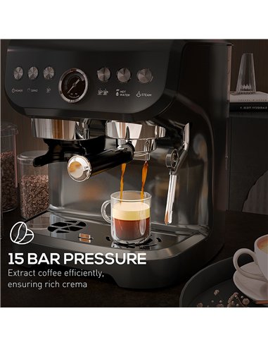 HOMCOM 15 Bar Coffee Machine, with Adjustable Grind, Steamer and Accessories