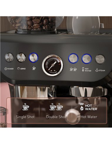 HOMCOM 15 Bar Coffee Machine, with Adjustable Grind, Steamer and Accessories