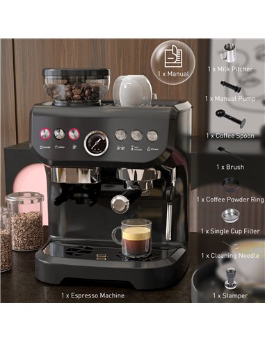 HOMCOM 15 Bar Coffee Machine, with Adjustable Grind, Steamer and Accessories