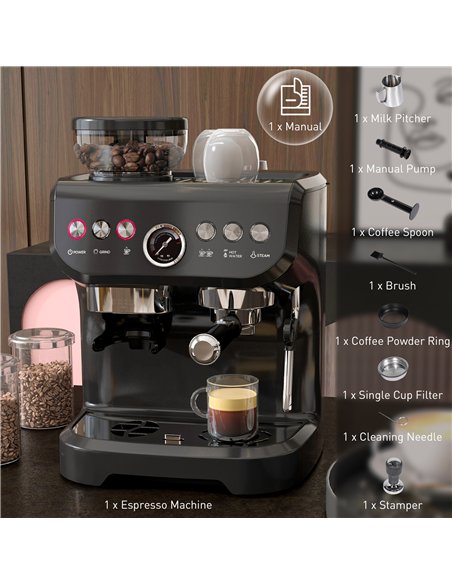 HOMCOM 15 Bar Coffee Machine, with Adjustable Grind, Steamer and Accessories - pic 131897 | FastDaddyshop