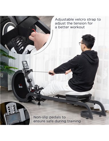 HOMCOM Folding Rowing Machine with 16-Level Adjustable Magnetic Resistance, Aluminium Side Rail, Digital Monitor, Cardio Workout