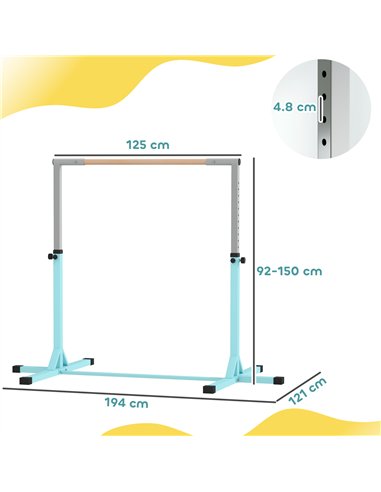 HOMCOM Height Adjustable Gymnastics Horizontal Bar for Kids, Children Junior Kip High Bar Fitness, Light Blue