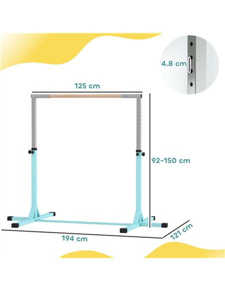 HOMCOM Height Adjustable Gymnastics Horizontal Bar for Kids, Children Junior Kip High Bar Fitness, Light Blue - pic 132017 | FastDaddyshop