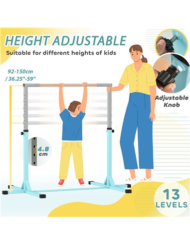HOMCOM Height Adjustable Gymnastics Horizontal Bar for Kids, Children Junior Kip High Bar Fitness, Light Blue