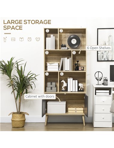 HOMCOM Modern Bookcase with Bottom Cabinet and 6 Open Shelves, Freestanding Bookshelf for Study Living Room Home Office, Natural