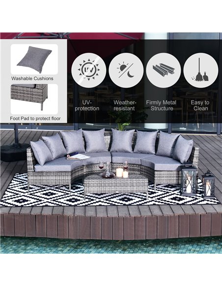 Outsunny Rattan Garden Furniture 4 Seaters Half-round Outdoor Set, with Pillow, Grey - pic 13204 | FastDaddyshop