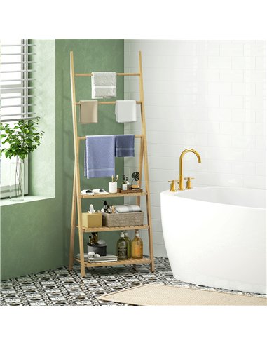 HOMCOM Three-Shelf Bamboo Storage Unit, with Towel Racks - Natural Finish