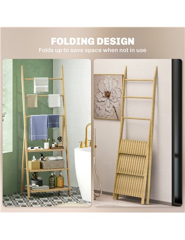 HOMCOM Three-Shelf Bamboo Storage Unit, with Towel Racks - Natural Finish