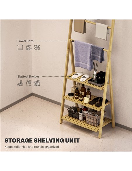 HOMCOM Three-Shelf Bamboo Storage Unit, with Towel Racks - Natural Finish - pic 132055 | FastDaddyshop