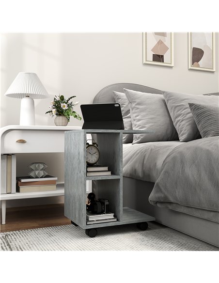 HOMCOM C-Shape End Table Unique Storage Unit w/ 2 Shelves 4 Wheels Freestanding Home Office Furniture Cabinet Square Studio Grey - pic 132070 | FastDaddyshop