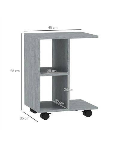 HOMCOM C-Shape End Table Unique Storage Unit w/ 2 Shelves 4 Wheels Freestanding Home Office Furniture Cabinet Square Studio Grey