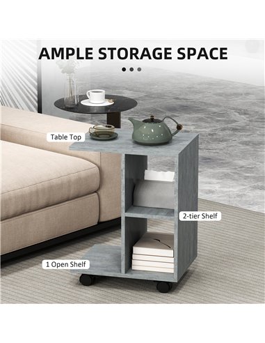 HOMCOM C-Shape End Table Unique Storage Unit w/ 2 Shelves 4 Wheels Freestanding Home Office Furniture Cabinet Square Studio Grey