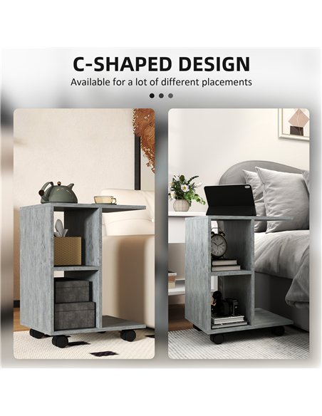 HOMCOM C-Shape End Table Unique Storage Unit w/ 2 Shelves 4 Wheels Freestanding Home Office Furniture Cabinet Square Studio Grey - pic 132073 | FastDaddyshop