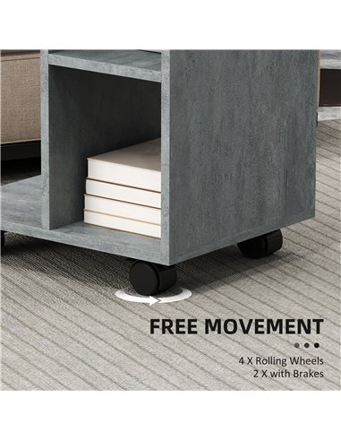 HOMCOM C-Shape End Table Unique Storage Unit w/ 2 Shelves 4 Wheels Freestanding Home Office Furniture Cabinet Square Studio Grey