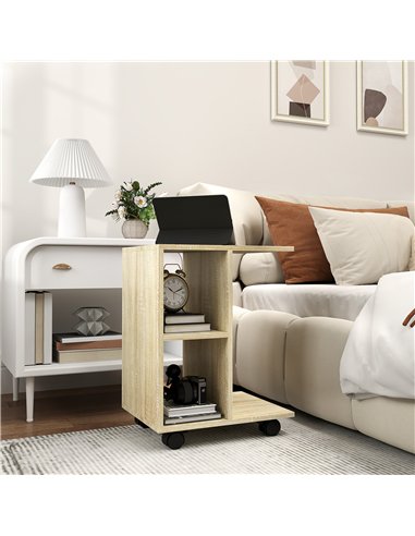 HOMCOM C-Shape End Table Unique Storage Unit w/ 2 Shelves 4 Wheels Freestanding Home Office Furniture Cabinet Square Studio Natu