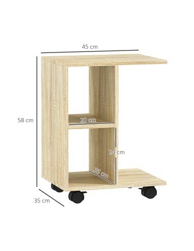 HOMCOM C-Shape End Table Unique Storage Unit w/ 2 Shelves 4 Wheels Freestanding Home Office Furniture Cabinet Square Studio Natu