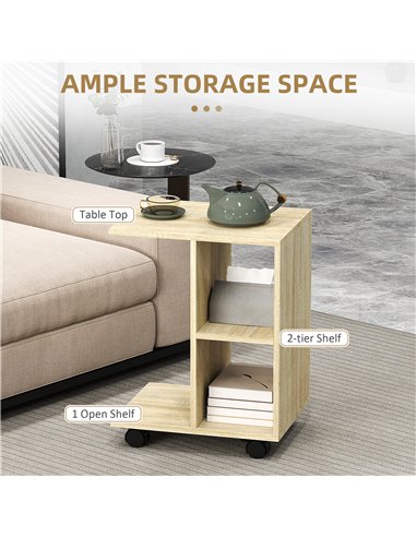HOMCOM C-Shape End Table Unique Storage Unit w/ 2 Shelves 4 Wheels Freestanding Home Office Furniture Cabinet Square Studio Natu