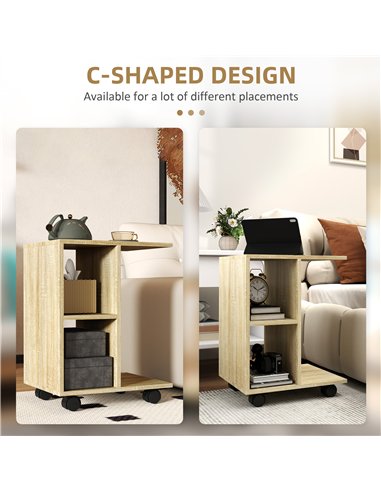 HOMCOM C-Shape End Table Unique Storage Unit w/ 2 Shelves 4 Wheels Freestanding Home Office Furniture Cabinet Square Studio Natu
