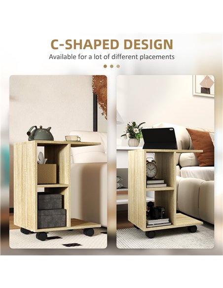 HOMCOM C-Shape End Table Unique Storage Unit w/ 2 Shelves 4 Wheels Freestanding Home Office Furniture Cabinet Square Studio Natu - pic 132082 | FastDaddyshop
