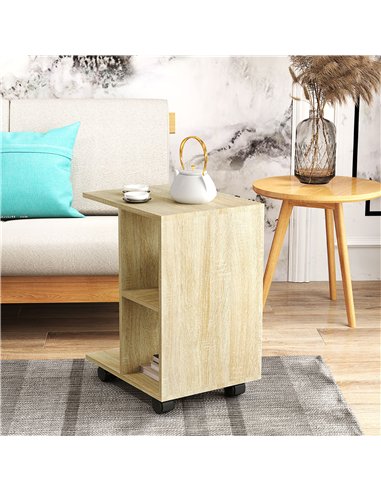 HOMCOM C-Shape End Table Unique Storage Unit w/ 2 Shelves 4 Wheels Freestanding Home Office Furniture Cabinet Square Studio Natu