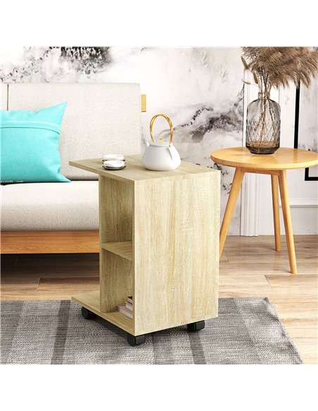 HOMCOM C-Shape End Table Unique Storage Unit w/ 2 Shelves 4 Wheels Freestanding Home Office Furniture Cabinet Square Studio Natu - pic 132084 | FastDaddyshop