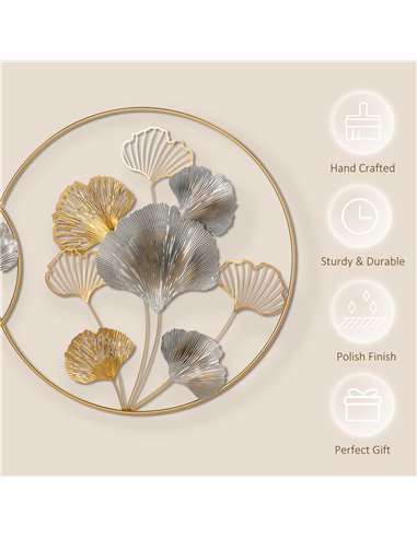 HOMCOM 3D Metal Wall Art Modern Ginkgo Leaves Hanging Wall Sculptures Home Decor for Living Room Bedroom Dining Room, Gold