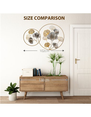 HOMCOM 3D Metal Wall Art Modern Ginkgo Leaves Hanging Wall Sculptures Home Decor for Living Room Bedroom Dining Room, Gold