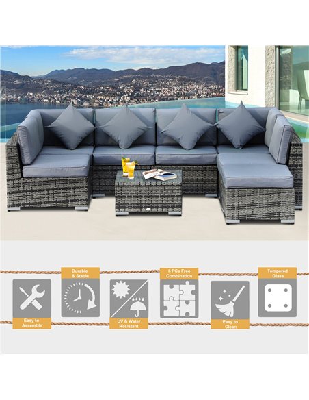 Outsunny 7-Seater Rattan Sofa Garden Furniture Aluminium Outdoor Patio Set Wicker Seater Table - Grey - pic 13213 | FastDaddyshop